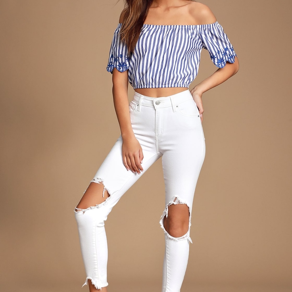 Braxtyn Blue Striped Off-the-Shoulder Crop Top
